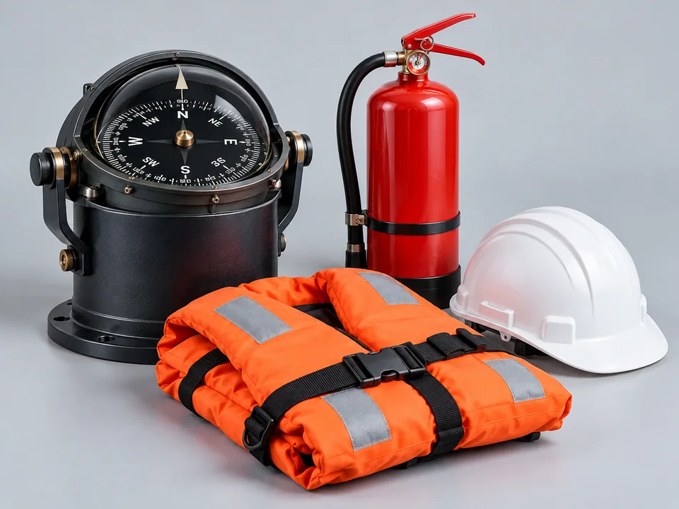 Representative marine compass, life jacket, fire extinguisher and safety helmet