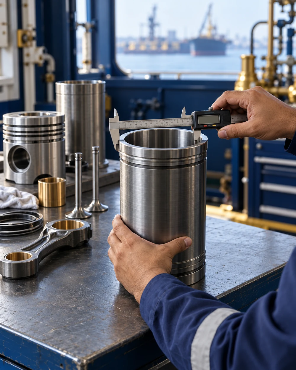 Representative illustration of marine component inspection with a precision measuring tool